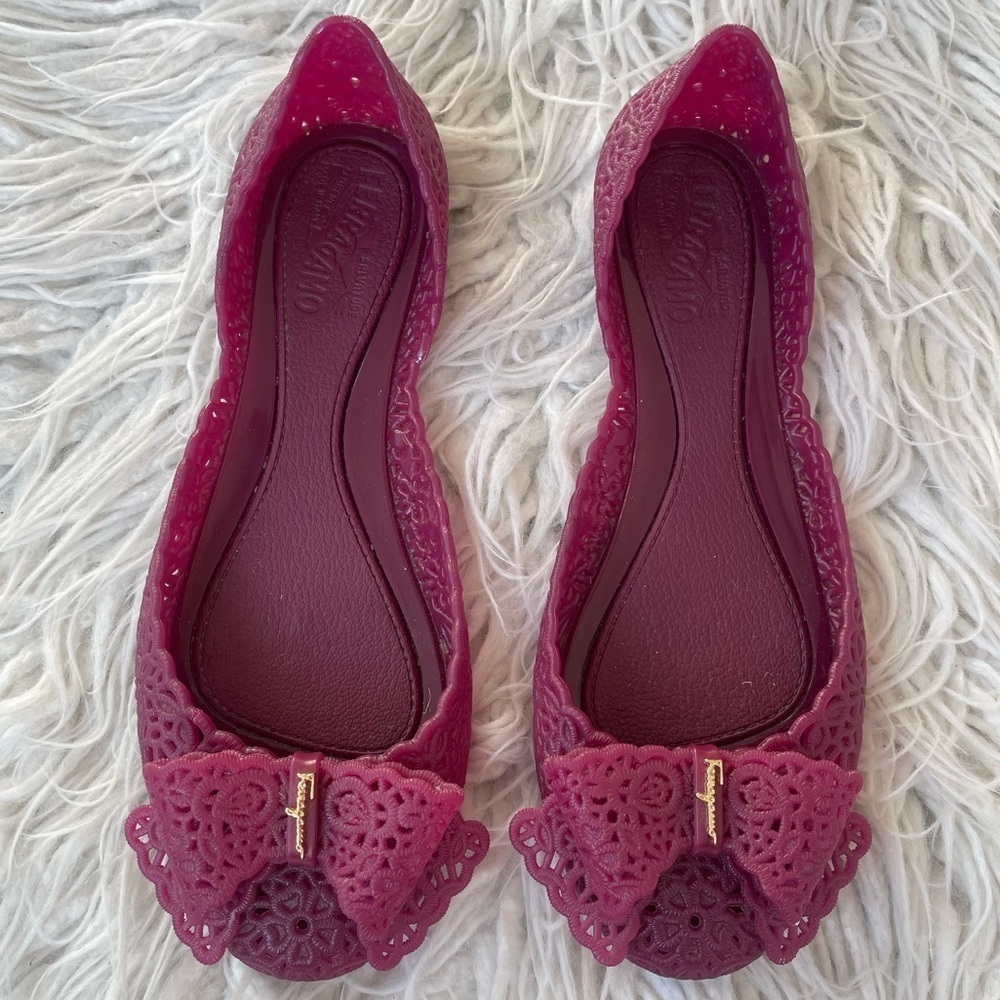 Salvatore Ferragamo Maroon Purple Nilly Jelly Laser Cut Bow Ballet Flats Size 8